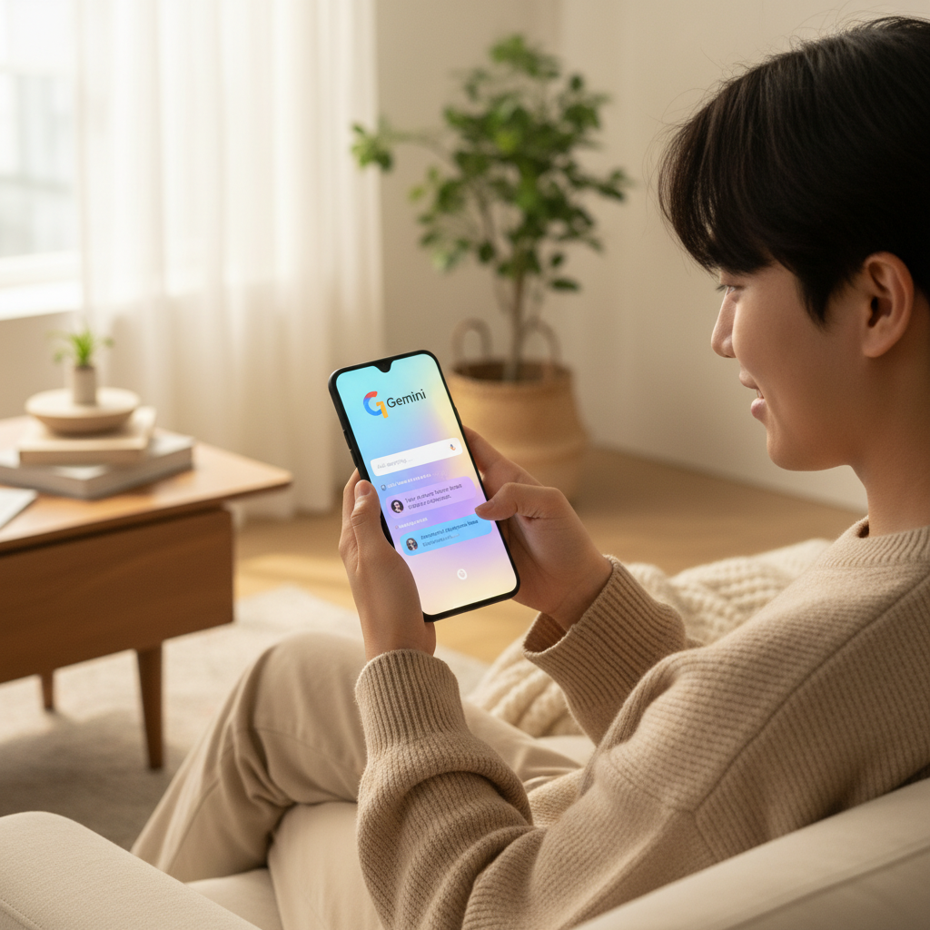 A Korean person holding a modern smartphone showing an interactive AI search interface with chat bubbles and colorful Google Gemini style gradients. Natural indoor lighting, lifestyle photography style. 4:3