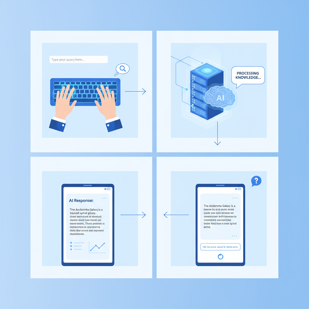 An illustration showing a sequence of steps from typing a query to receiving a detailed AI response and asking a follow-up. Modern flat design, clean layout. 4:3