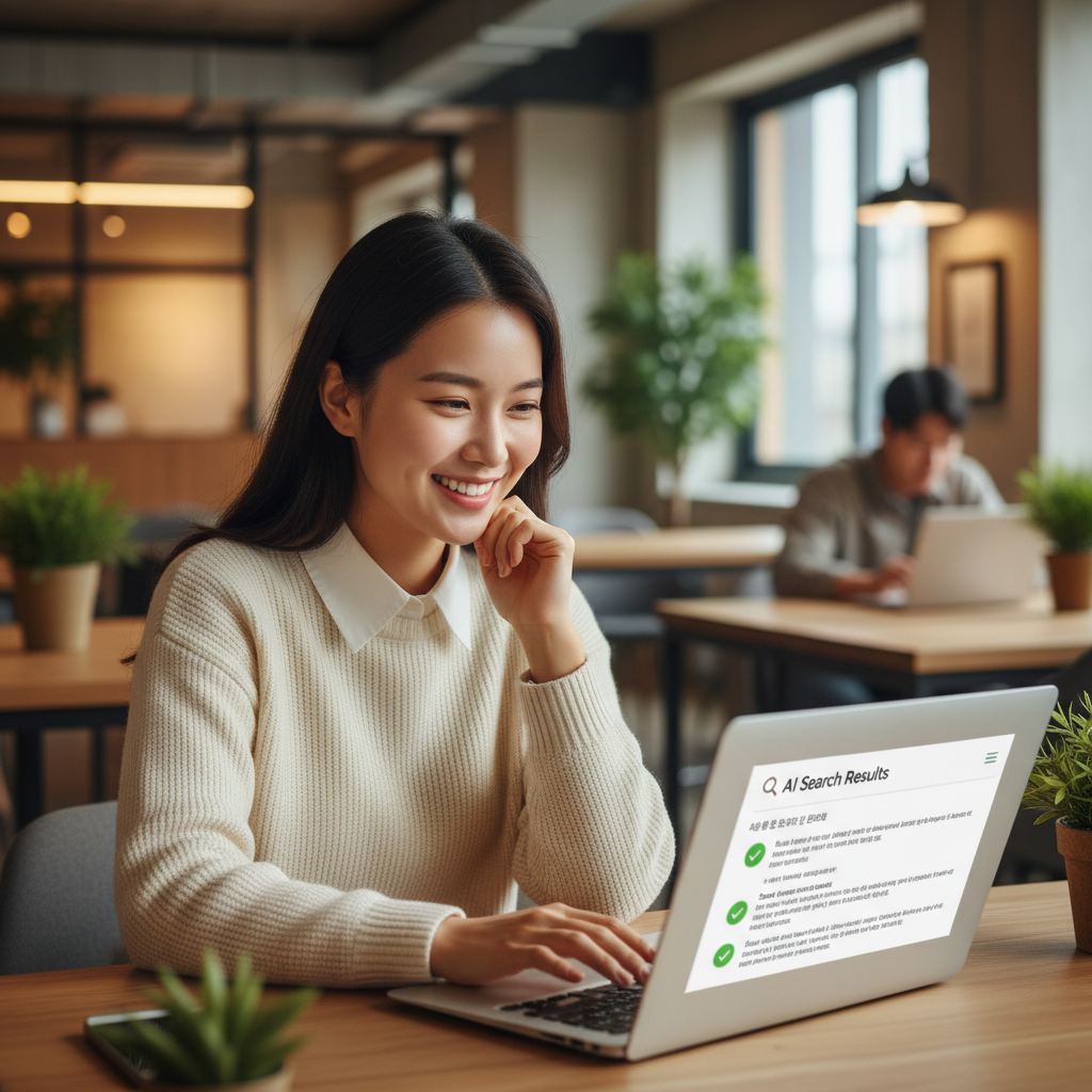 A Korean office worker looking at a laptop screen with a bright and happy expression, satisfied with the quick and accurate AI search results. Professional and warm office background. 1:1
