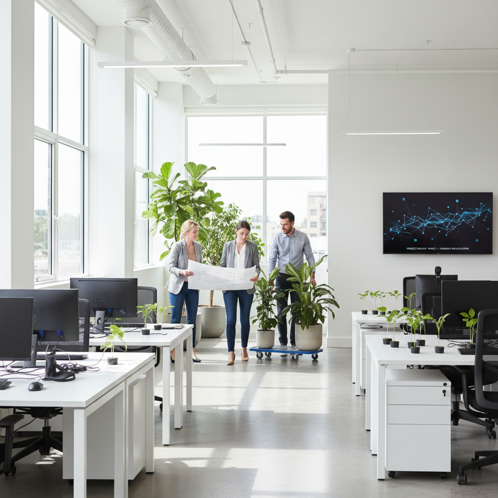 A clean and modern corporate office interior with natural sunlight and plants symbolizing organizational change and resource reallocation professional lifestyle photography 4:3