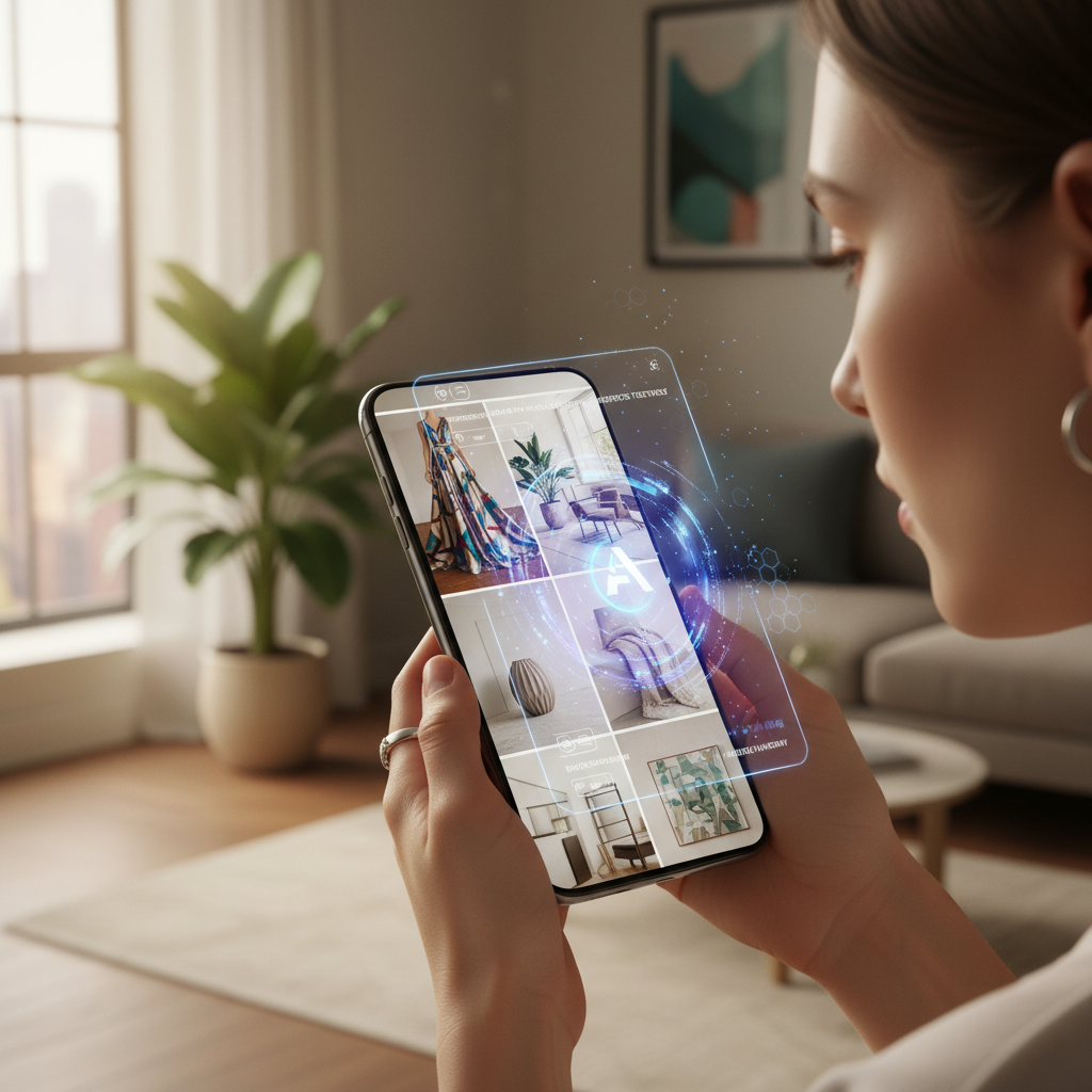 A person using a smartphone to look at high quality fashion and home decor pins with a futuristic AI assistant overlay floating on the screen warm natural lighting 4:3