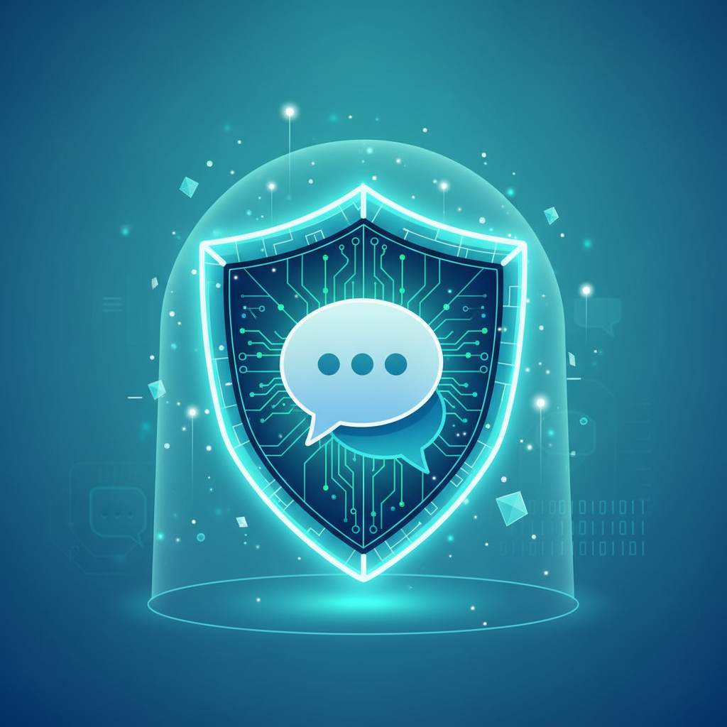 A conceptual illustration of a digital shield protecting a chat bubble. The colors are vibrant greens and blues with a sense of high-tech protection. Soft lighting, clean composition, 1:1 aspect ratio.