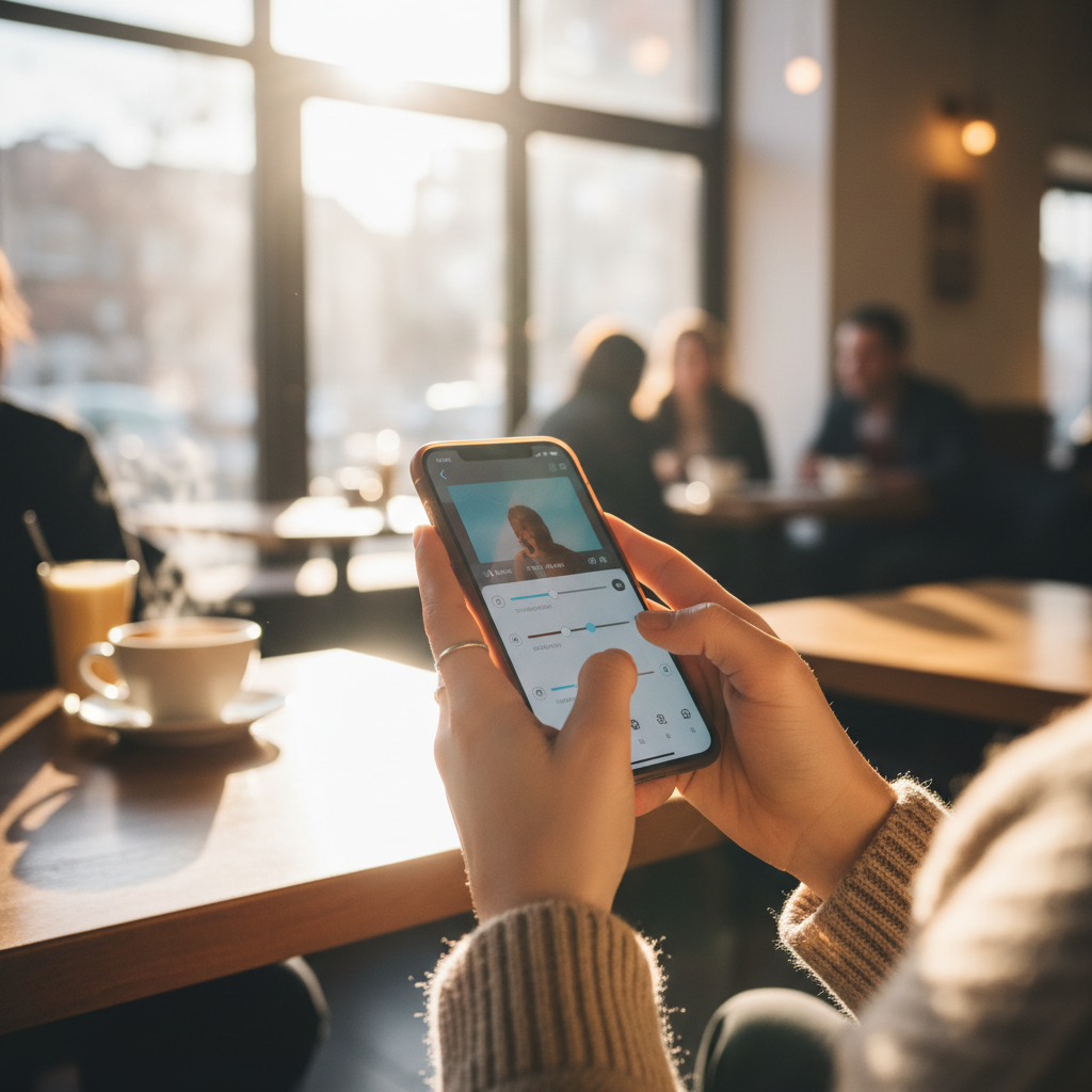 A close-up lifestyle photograph of a person's hands holding a smartphone in a brightly lit, modern cafe. The person is adjusting settings on the screen. Natural lighting, warm atmosphere, 4:3 aspect ratio.