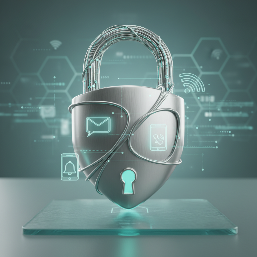 An artistic 3D rendering of a padlock integrated with digital communication icons like messages and phone calls. Soft teal and silver color palette, clean and detailed composition, 1:1 aspect ratio.