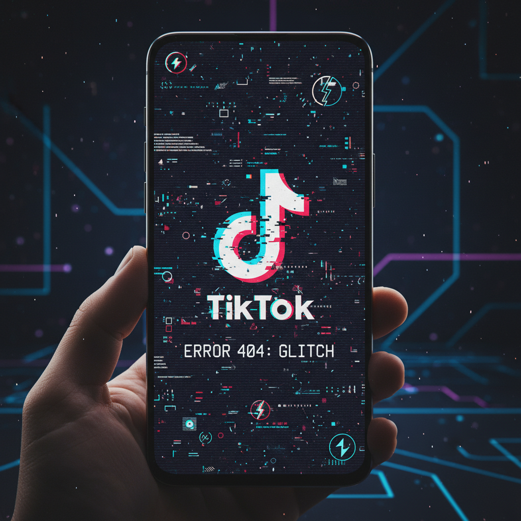 A smartphone displaying a glitched TikTok logo with digital noise and error symbols on a dark modern background. High contrast, informational style, 4:3.