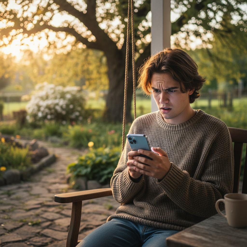 A young person looking at a smartphone screen with a puzzled expression in a natural lifestyle setting with soft lighting. 4:3.