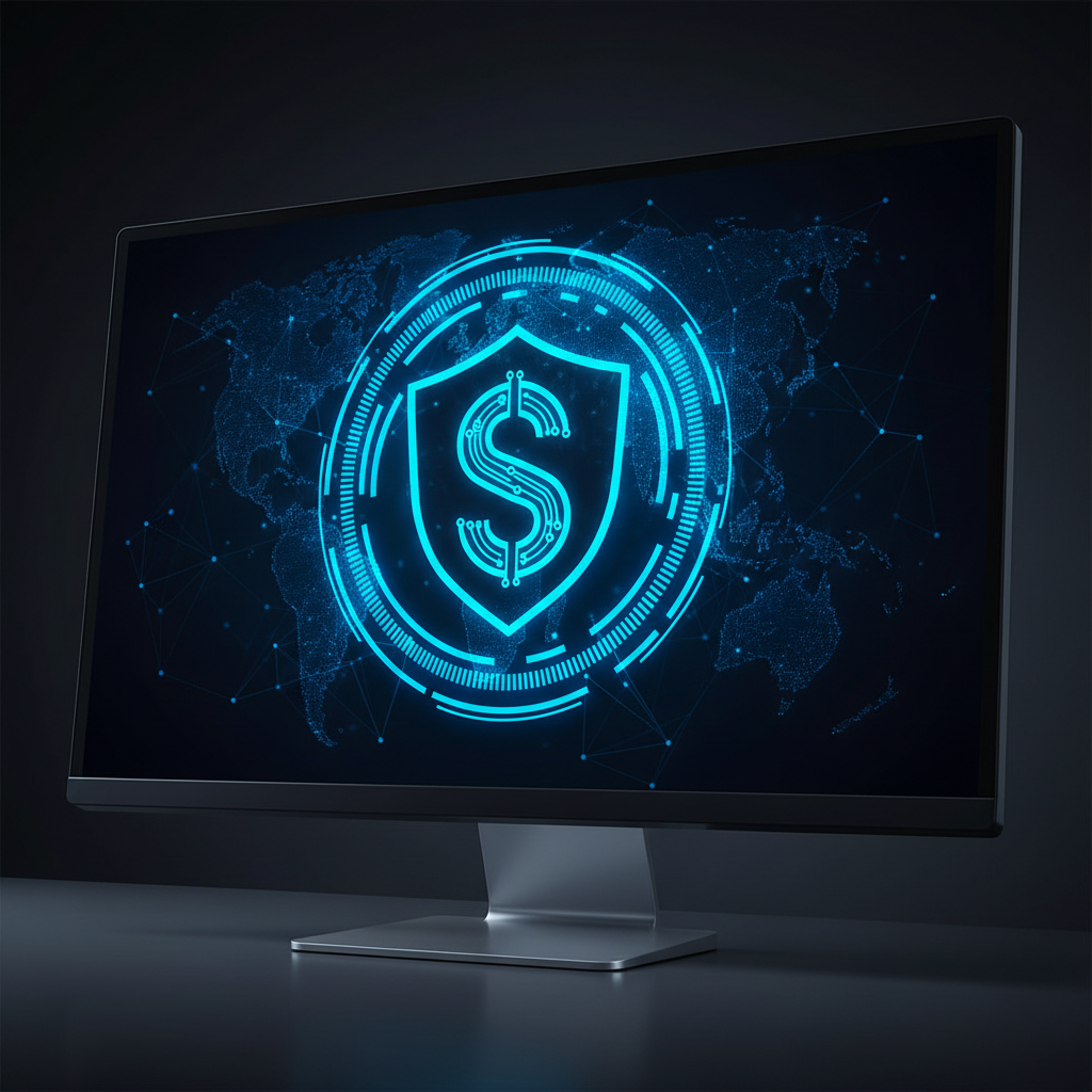 A digital shield icon glowing on a screen representing data security and safety. High contrast, 4:3.