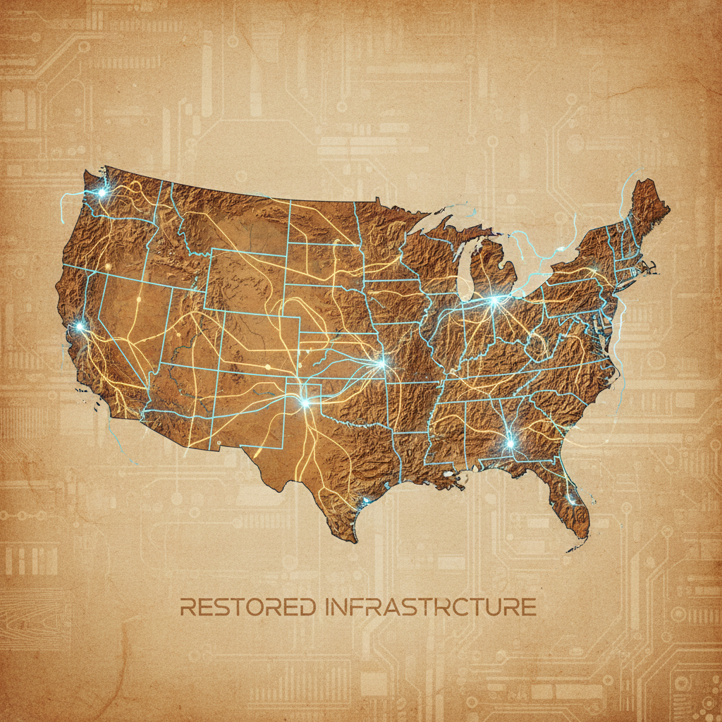 Digital network lines connecting across a map of the United States, symbolizing restored infrastructure. Artistic rendering with textured background, 4:3.