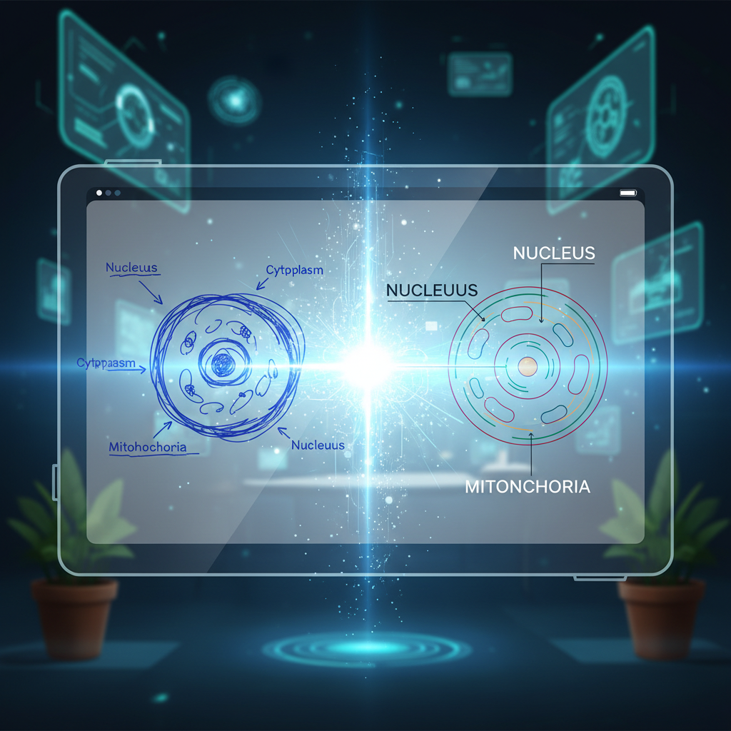 An illustration showing a hand-drawn sketch on a digital whiteboard being transformed into a professional, clean scientific diagram by a glowing AI effect. The background shows a modern digital workspace. 4:3