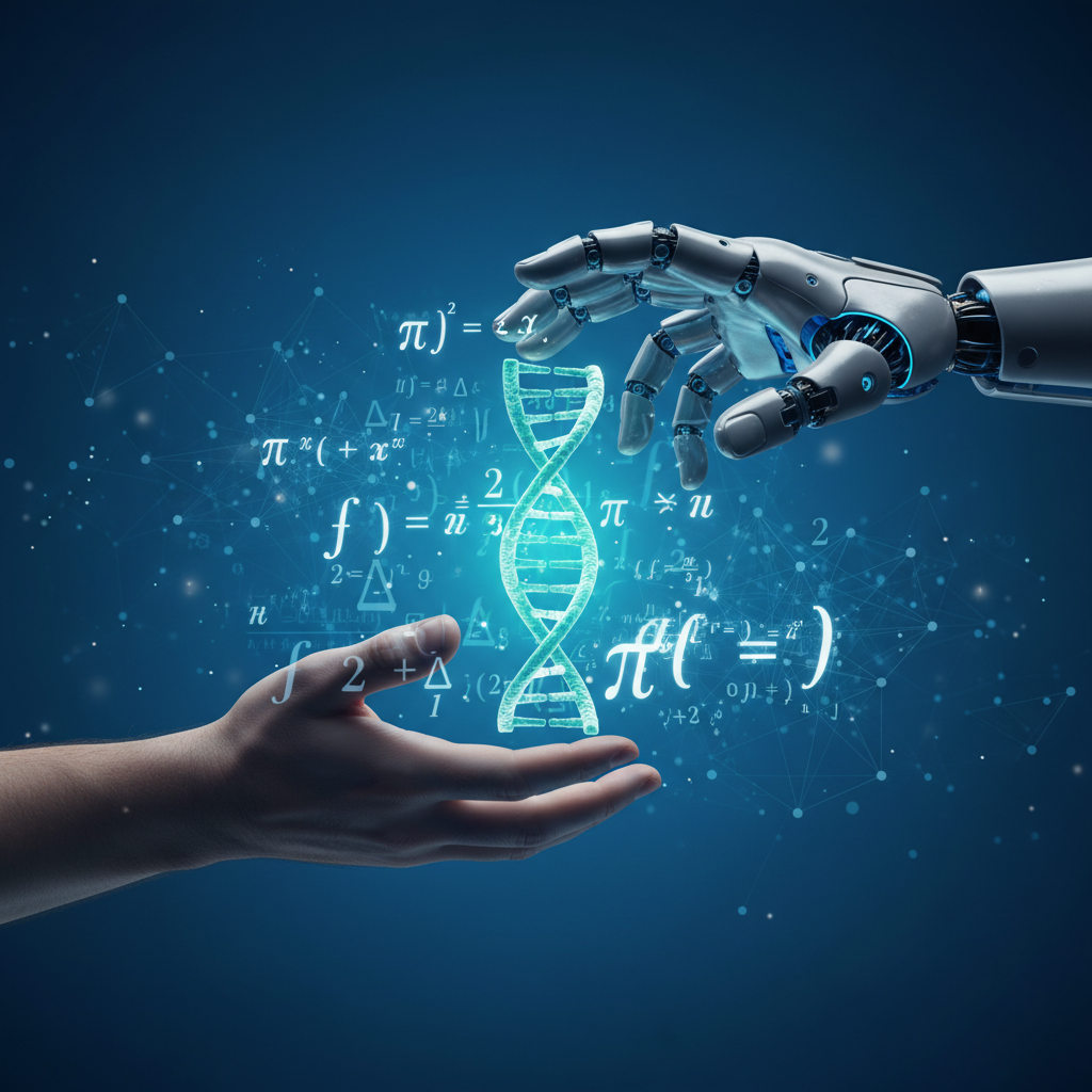 A conceptual image showing a human hand and a robotic hand reaching towards a glowing DNA strand and glowing mathematical symbols. The background is a deep blue gradient with data nodes and connections. 16:9