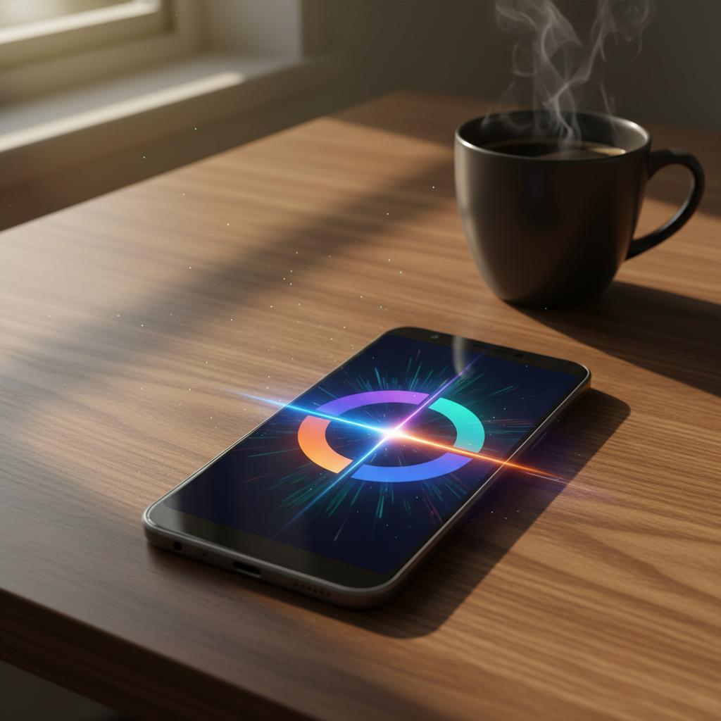 A sleek modern smartphone displaying the Google Gemini interface with a colorful glowing AI aura, set on a wooden desk with a coffee cup, cinematic lighting, 4:3
