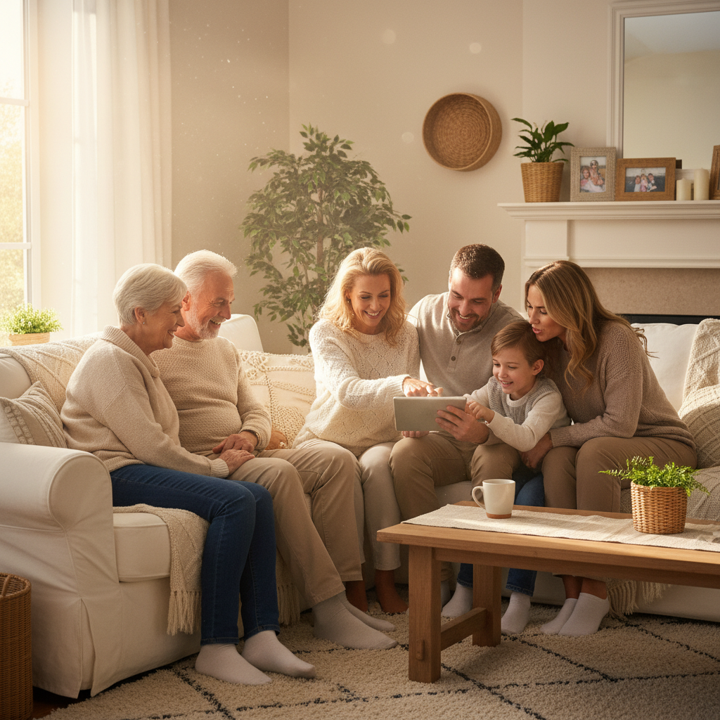 A happy family of diverse ages sitting in a bright living room together, some looking at a shared tablet screen, warm and cozy atmosphere, lifestyle photography, 4:3