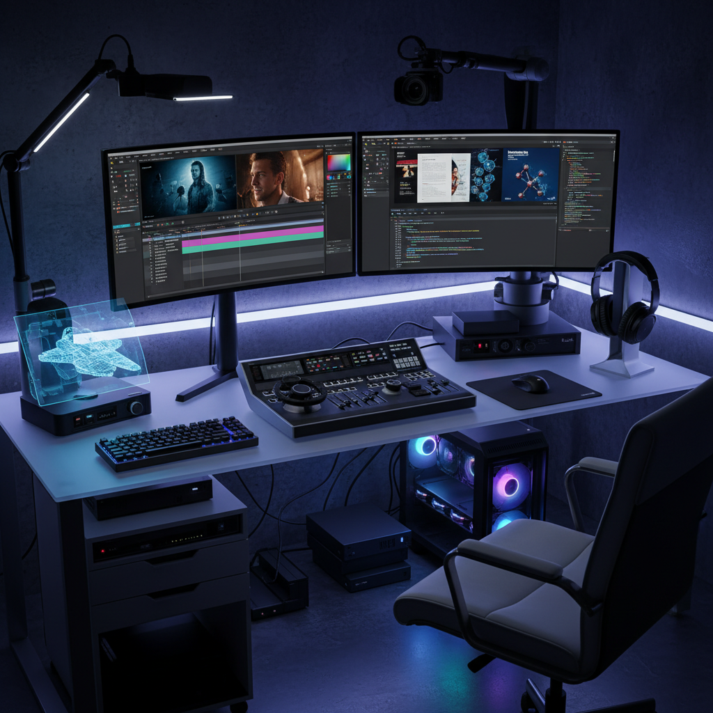 A professional digital workspace showing high-tech tools for filmmaking and research on a dual-monitor setup, clean and organized, high contrast, 4:3