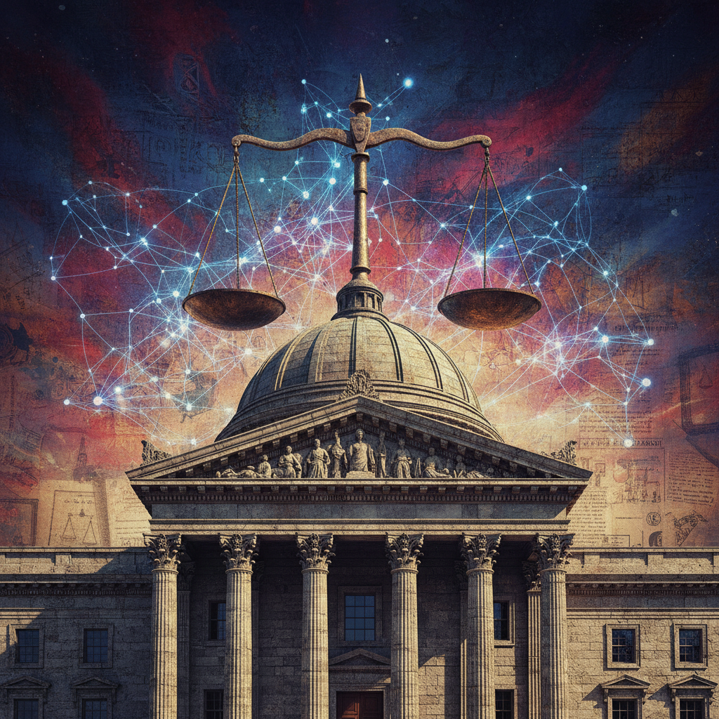 An artistic rendering of a majestic courthouse with scales of justice, blended with digital neural network lines overlaid on the sky. The image uses a high-contrast history-culture style with textured backgrounds. No visible text. 4:3