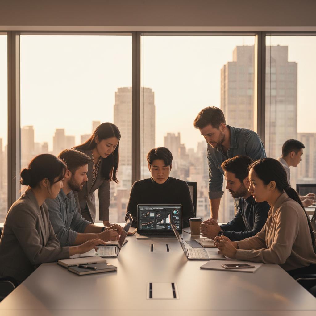 A group of diverse tech professionals, including those of Korean appearance, engaged in a serious discussion in a modern office with glass walls. They are looking at digital tablets and laptops, representing a collaborative and concerned atmosphere. Lifestyle photography with warm natural lighting. No text. 4:3
