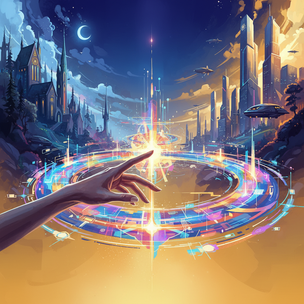 An artistic rendering of a human hand touching a glowing digital interface that forms a bridge between two worlds. The background is a gradient of deep blue and gold. High contrast and centered focus. No text. 4:3