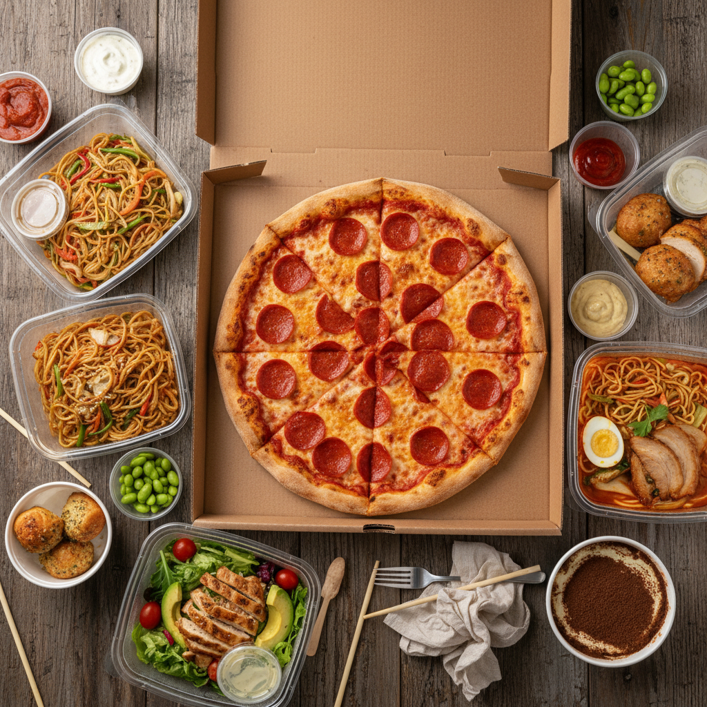 테이블 위에 펼쳐진 다양한 종류의 배달 음식들