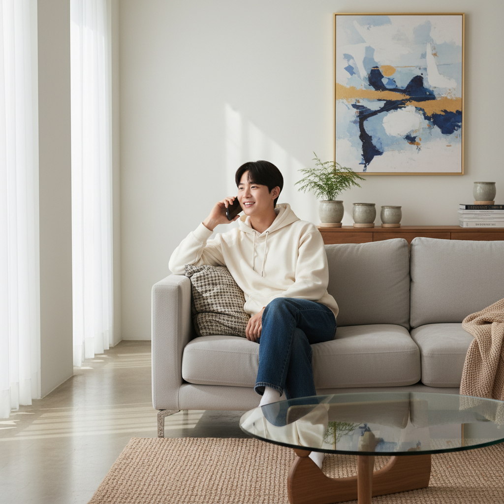 거실에서 편안하게 음성으로 음식을 주문하는 사람