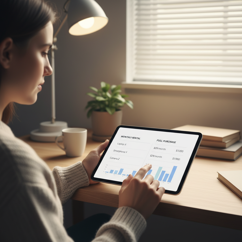 A person using a tablet to compare monthly rental prices versus full purchase price for electronics, clean and modern UI on the screen, natural lifestyle photography, warm home office lighting, 4:3