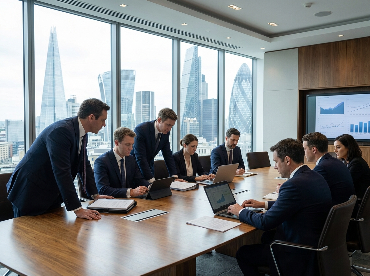 A professional business meeting in a high-end boardroom, lawyers and executives discussing documents, modern architecture visible through windows, realistic style, 4:3