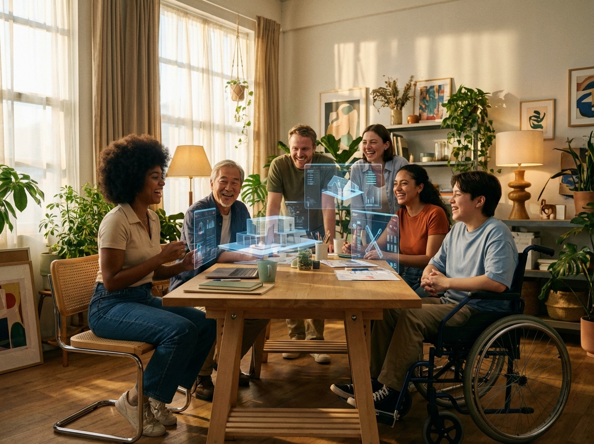 A diverse group of people collaborating with holographic AI interfaces in a creative studio, warm lighting, natural expressions, futuristic lifestyle, 4:3