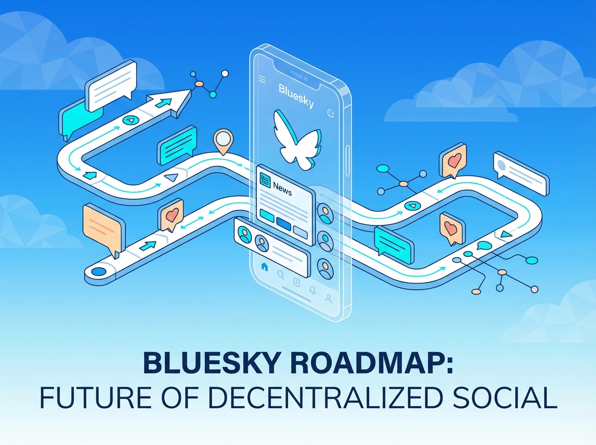 A modern and clean digital illustration representing a social media roadmap. A blue sky background with subtle cloud patterns. Various UI elements like speech bubbles, heart icons, and connection lines floating in the air. A smartphone in the center showing a stylized interface of the Bluesky app. Professional and tech-oriented style. 4:3