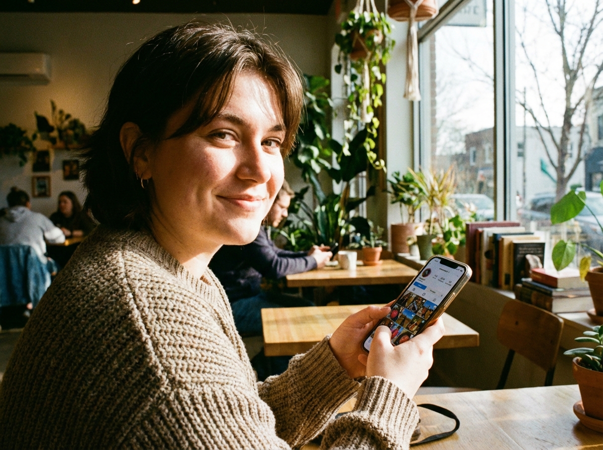 A lifestyle photograph of a person in their 20s holding a smartphone in a cozy cafe setting. The screen shows a vibrant social media feed with colorful icons. Natural sunlight coming through the window. Warm and inviting atmosphere. 4:3