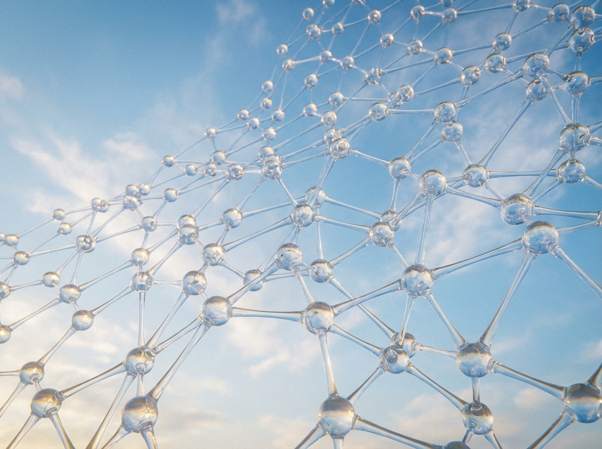 An artistic rendering of a digital network spreading across a soft blue sky. Transparent nodes and links forming a complex but orderly structure. Professional lighting with a sense of depth. Clean and optimistic mood. 4:3