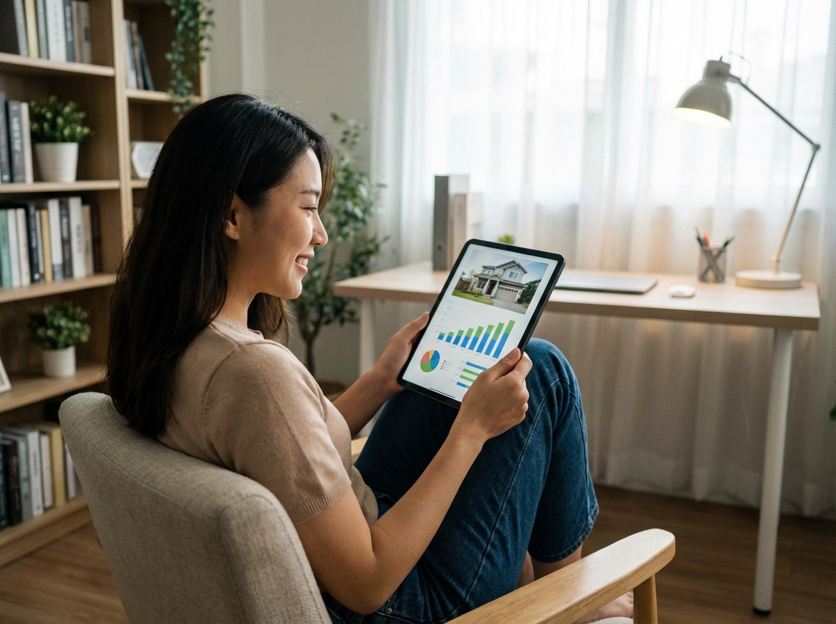 A realistic photo of a young adult looking at a tablet screen with a satisfied expression. The background is a modern home office with soft lighting. The person has a Korean appearance with a natural smile. Warm and clear composition. 4:3