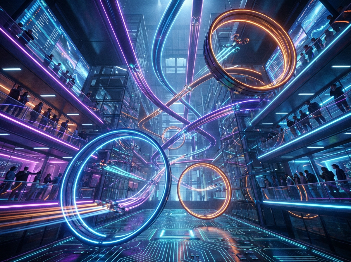 A futuristic high-tech autonomous drone racing arena with neon lights and drones flying through glowing rings, professional photography, cinematic lighting, wide angle, 4:3