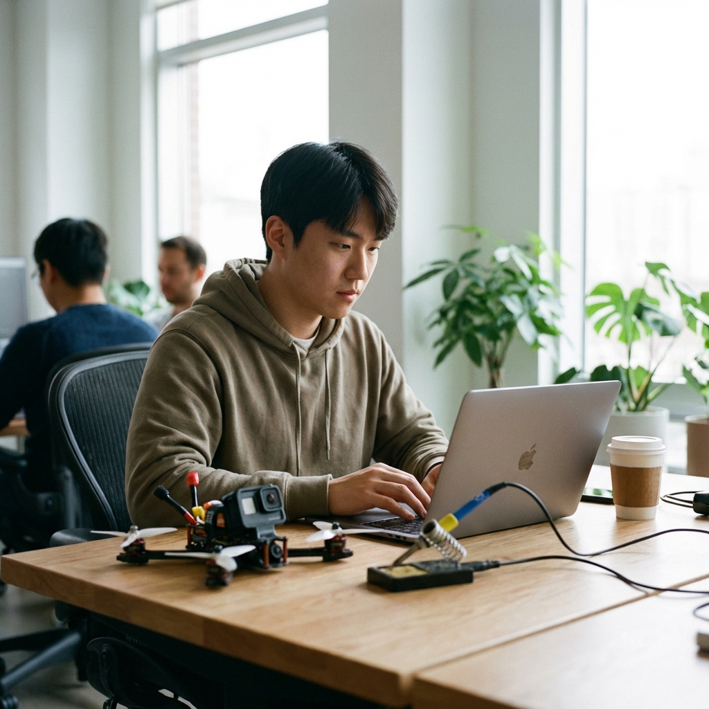 A young Korean male software engineer focused on coding on a laptop, a small racing drone sits on the desk next to him, modern office environment with soft lighting, lifestyle photography, 1:1