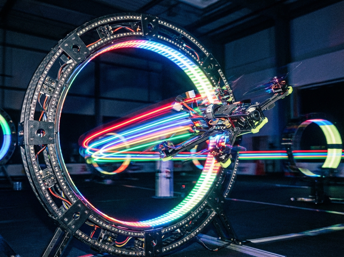 A small high-speed racing drone captured in motion blur as it passes through a circular gate, intricate mechanical details, colorful trail of light, high contrast, 4:3