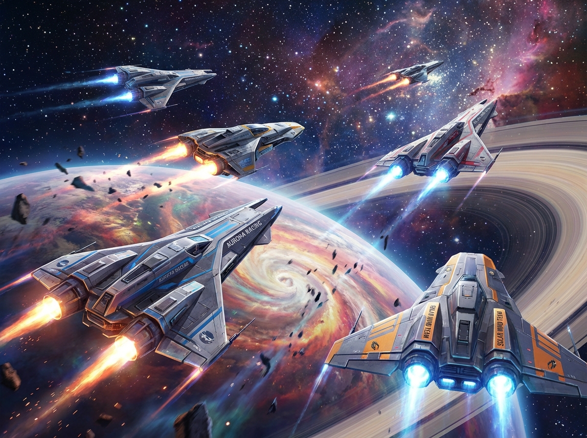 Futuristic autonomous spacecraft racing in orbit around a planet, stars and nebula in the background, highly detailed digital art, cinematic composition, vibrant colors, 4:3