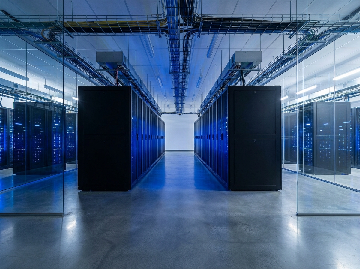 Modern AI Data Center interior with rows of server racks glowing with blue LED lights. Symmetrical perspective, high-tech atmosphere, clean and futuristic layout. No text. 4:3
