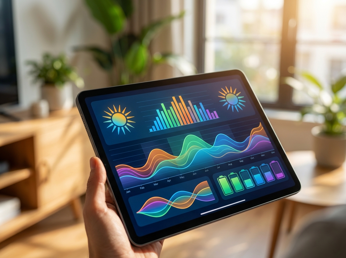 A close-up shot of a modern tablet showing a colorful energy management dashboard with charts and wave patterns. Blurred background of a modern home office. Warm natural lighting. No text. 4:3