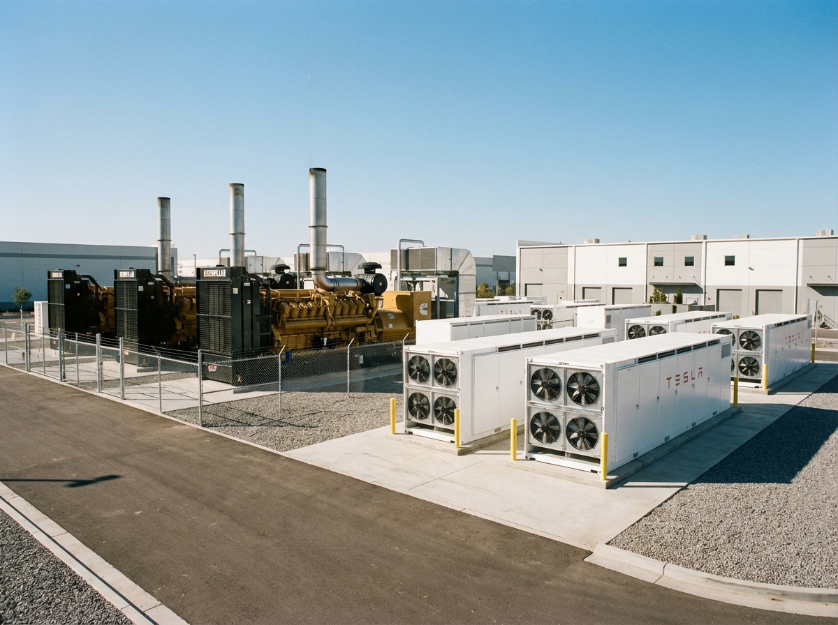 Industrial scale backup generators and large scale battery storage containers sitting outside in a clean industrial park. Clear sky, realistic photography, professional composition. 4:3
