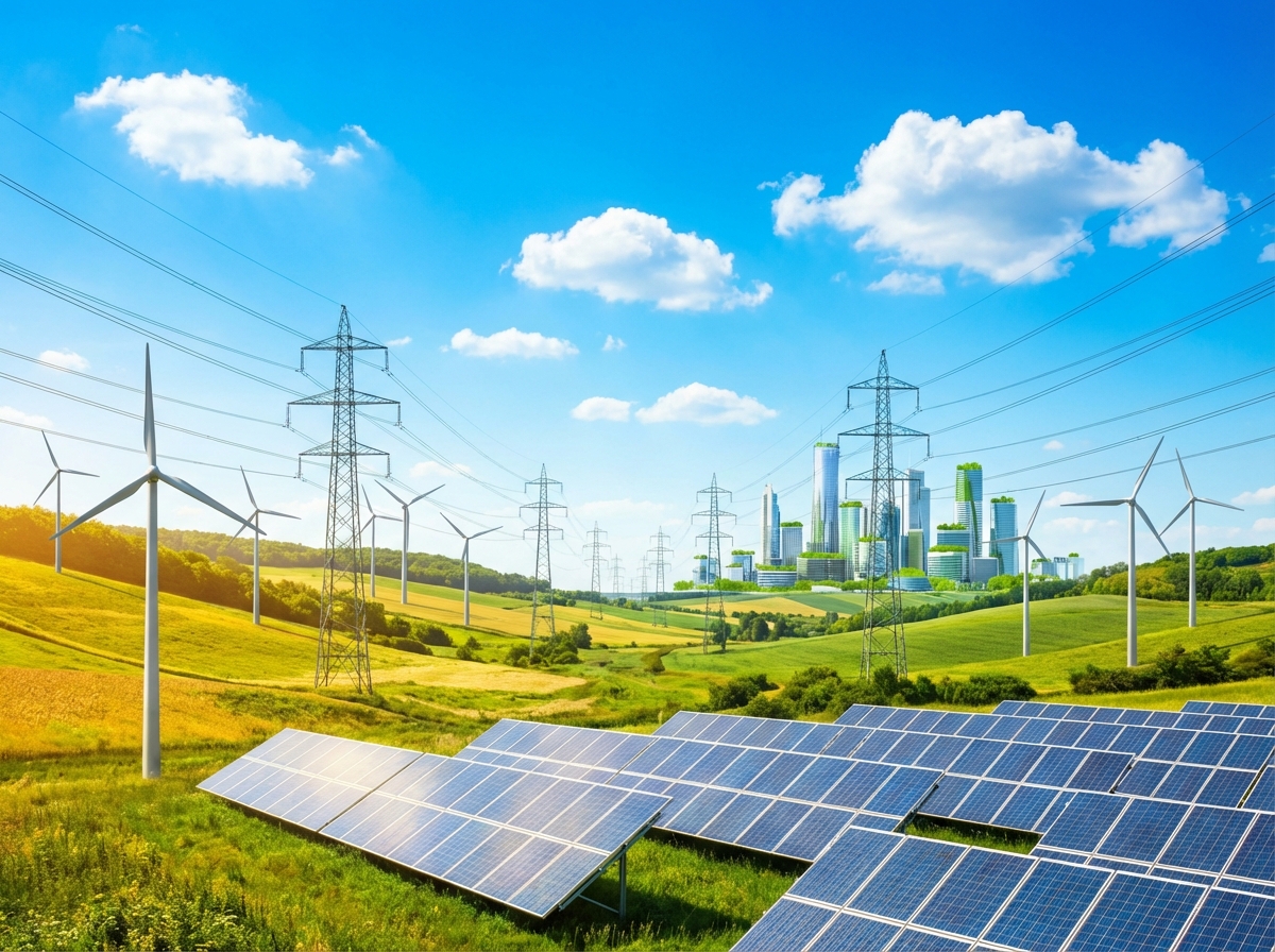 A scenic landscape featuring a mix of solar panels and wind turbines under a bright sunny sky. Modern power lines connecting to a distant clean city. Vibrant colors, environmental concept. 4:3