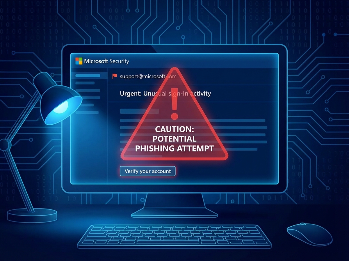 A high-quality digital illustration of a laptop screen displaying a deceptive email from a legitimate Microsoft domain with a warning sign overlay, dark blue professional background, cyber security theme, Microsoft official email scam, 4:3