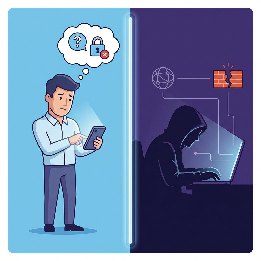 A professional infographic style image showing a split view of a concerned user on a phone and a shadowy figure on a computer trying to access a system remotely, clean layout, no text, 1:1