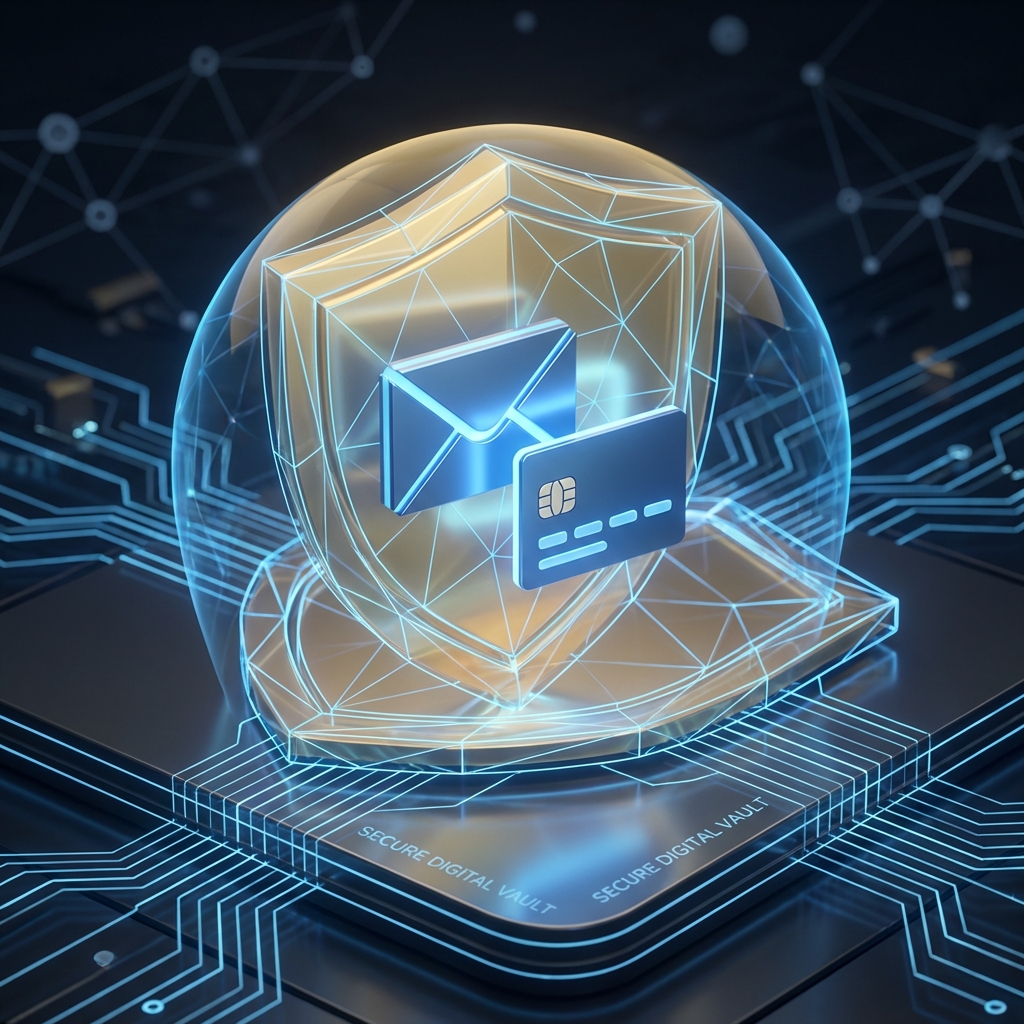 A conceptual 3D render of a golden shield protecting a digital mailbox and credit card icon, glowing blue lines, secure network atmosphere, professional and clean, 1:1