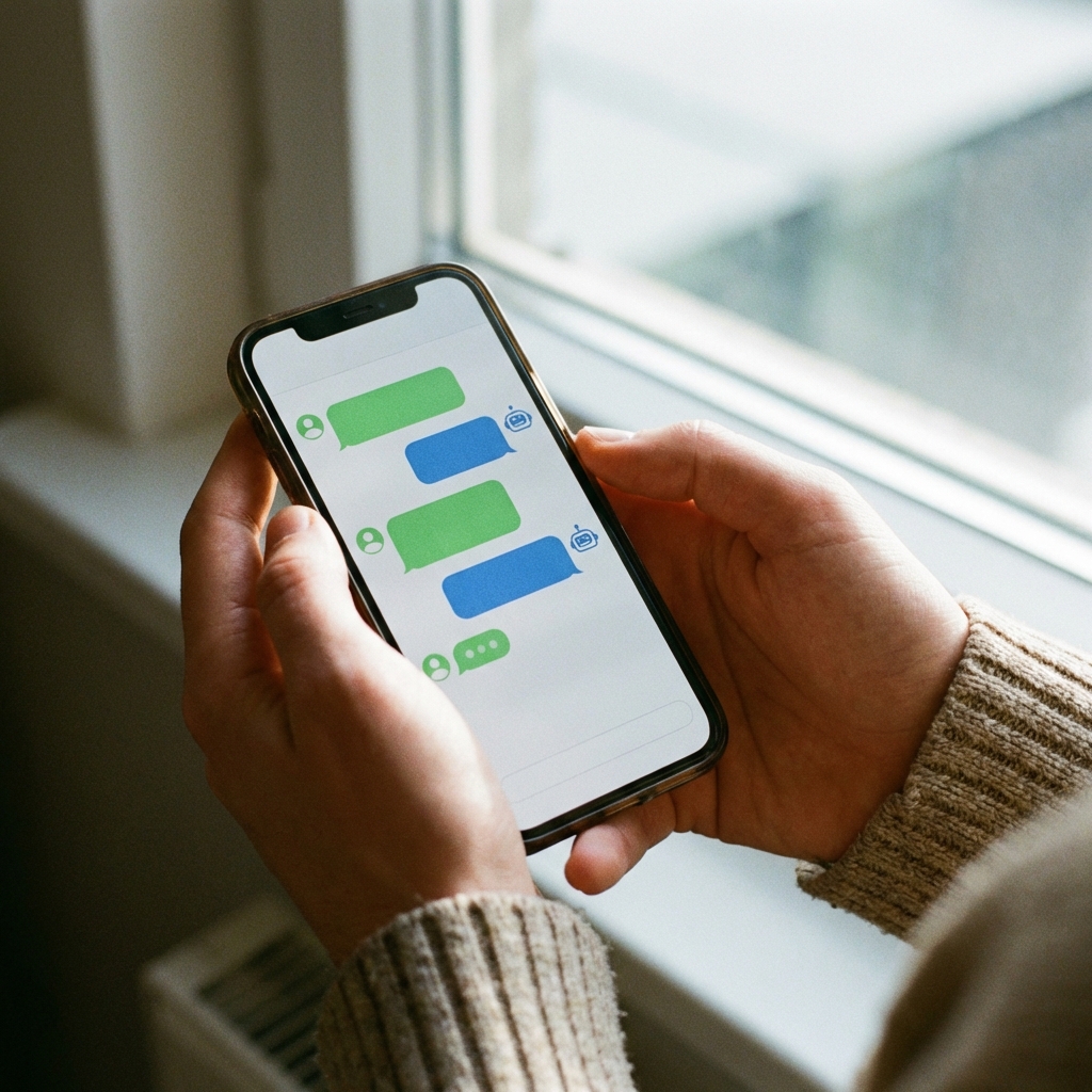 A person holding a smartphone showing a messaging app interface with chat bubbles representing a conversation with an AI assistant. Close up shot, natural lighting. No text. 1:1