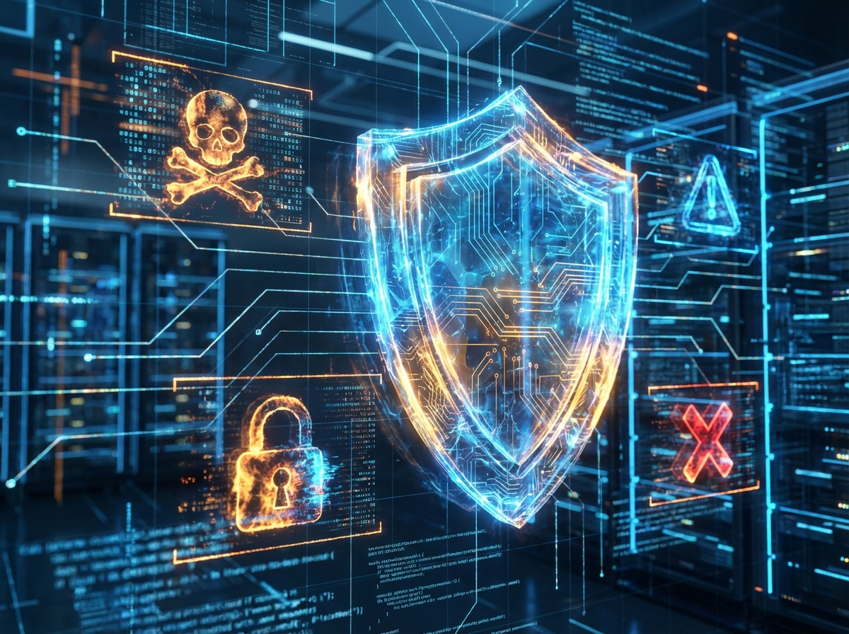 A digital visualization of a computer security system with a glowing shield and warning icons. High tech aesthetic, blue and amber color palette. No text. 4:3