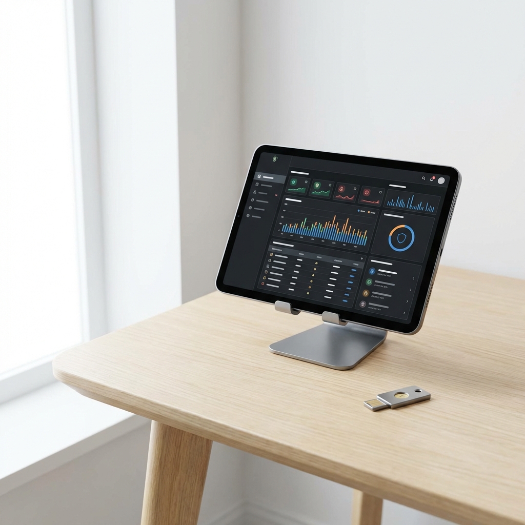 A clean minimalist desk with a tablet displaying a security dashboard. A physical security key is placed next to it. Realistic style, bright indoor lighting. No text. 1:1