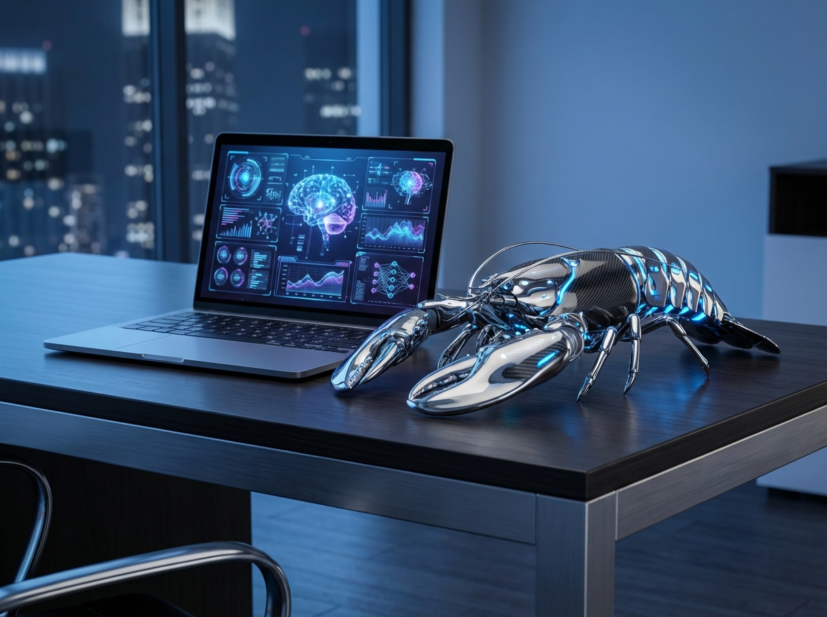 A sleek modern desk with a high-tech robotic lobster figurine next to a laptop displaying a futuristic AI assistant interface. The atmosphere is professional and innovative with soft blue lighting. No text. 4:3