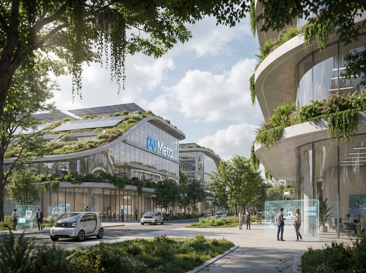 A modern and futuristic Meta Data Centers building integrated with a lush green environment, clean architecture, high-tech aesthetic, soft daylight, 4:3