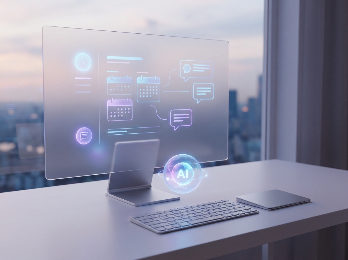 A clean digital workspace showing a glowing AI interface organizing calendar events and sending messages on a translucent screen. Modern and organized aesthetic. No text. 4:3