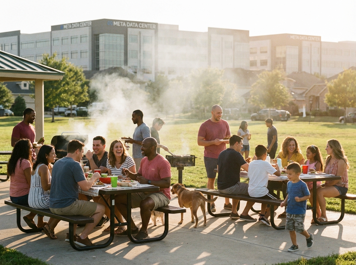Friendly group of people having a barbecue in a suburban park, blurred Meta Data Centers in the far background, warm sun lighting, lifestyle photography, 4:3