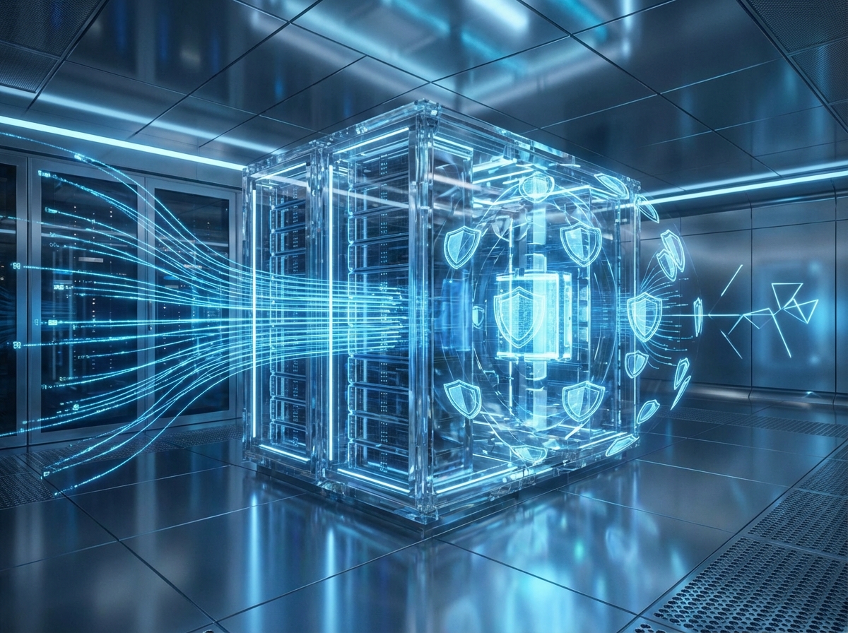A futuristic representation of a secure virtual private server with glowing blue data streams and shield icons symbolizing cyber security. Professional and high-tech feel. No text. 4:3