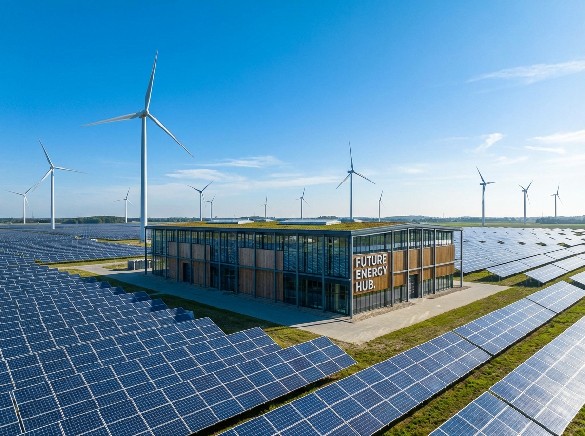 Large scale solar panels and wind turbines next to a modern industrial building, clean energy concept, blue sky, wide angle shot, 4:3