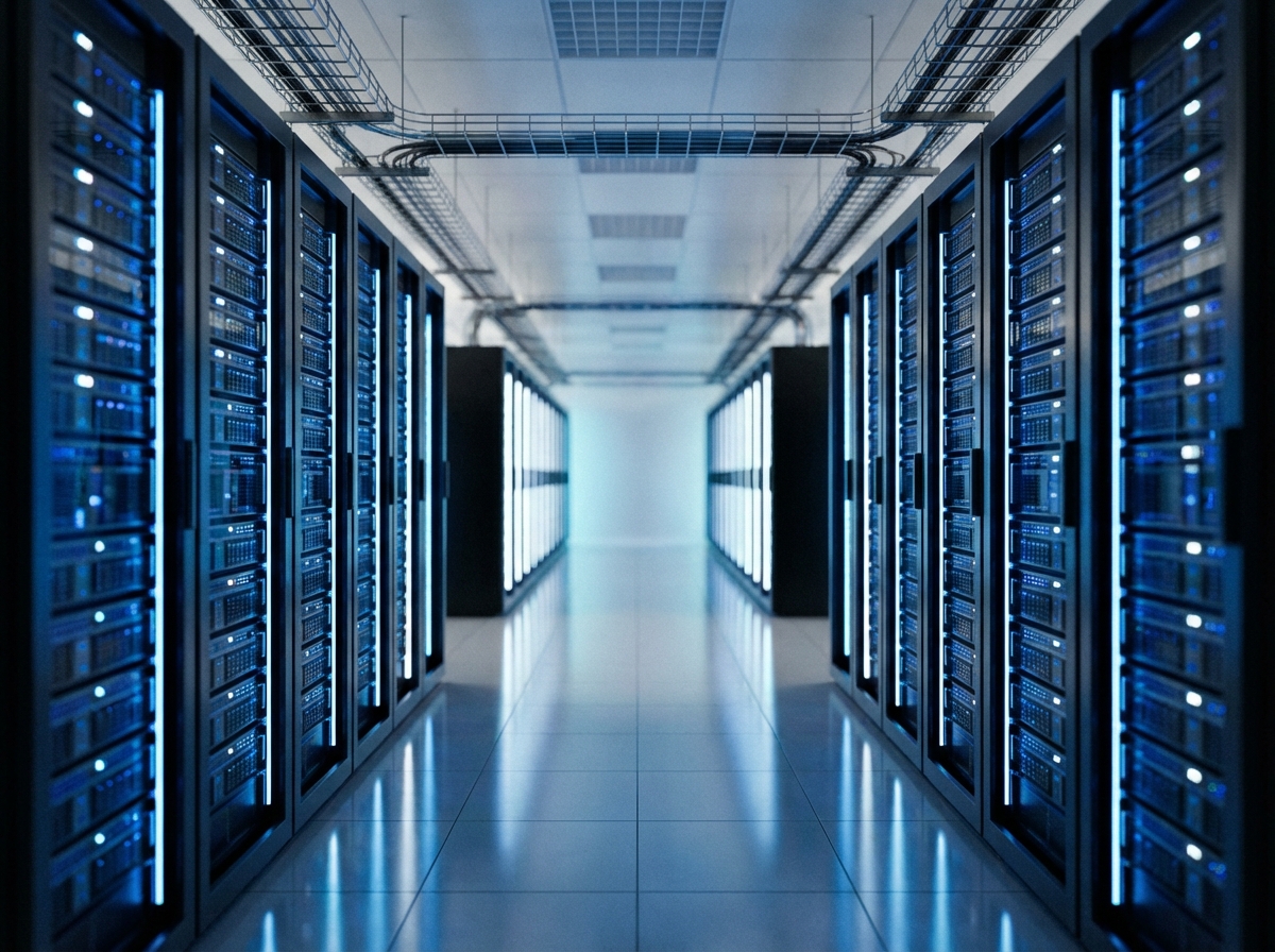 Inside a high-tech data center, glowing server racks with blue and white lights, symmetrical composition, depth of field, 4:3